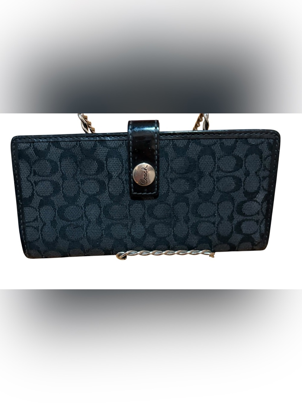 Coach y2k black signature "C" jacquard long wallet featuring a patent leather sn